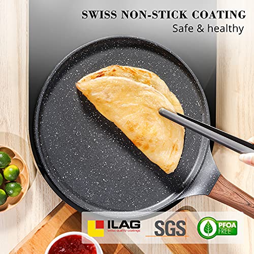 SENSARTE Nonstick Crepe Pan, Swiss Granite Coating Dosa Pan Pancake Flat Skillet Tawa Griddle 10-Inch with Stay-Cool Handle, Induction Compatible, PFOA Free