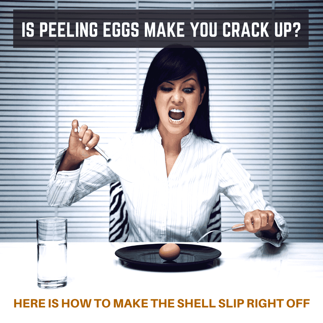 a woman frustrated with hard to peel egg