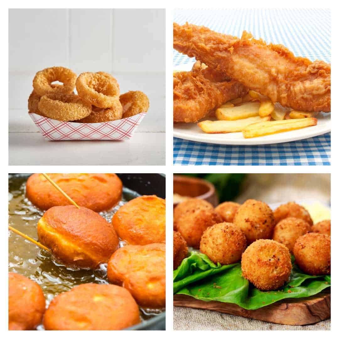 Popular fried foods like fish, french fries, cheese balls and onion rings