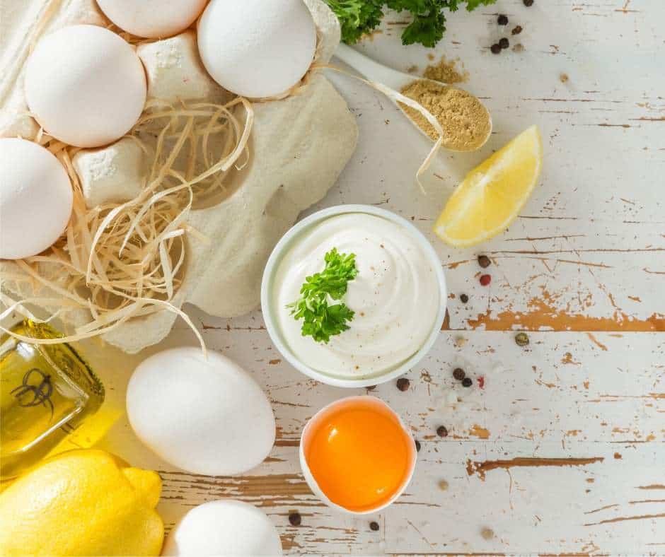 oil, egg yolk, vinegar, and lemon juice
