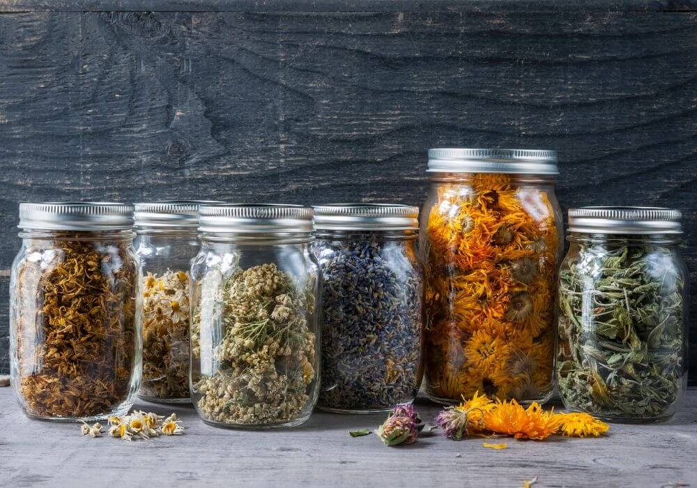 filled herb storage jars