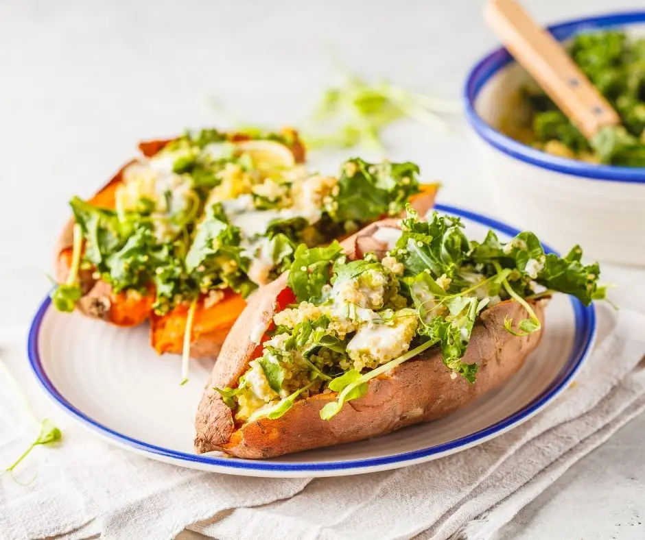 Baked sweet potatoes, avocado & queso fresco