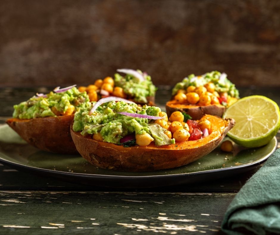 sweet potatoes and topped with guacamole