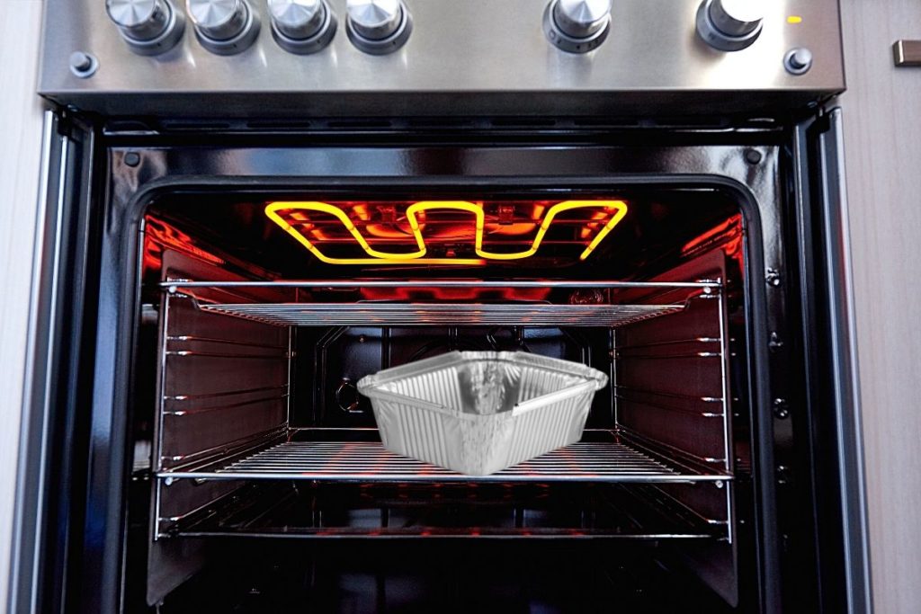 aluminium tray in oven