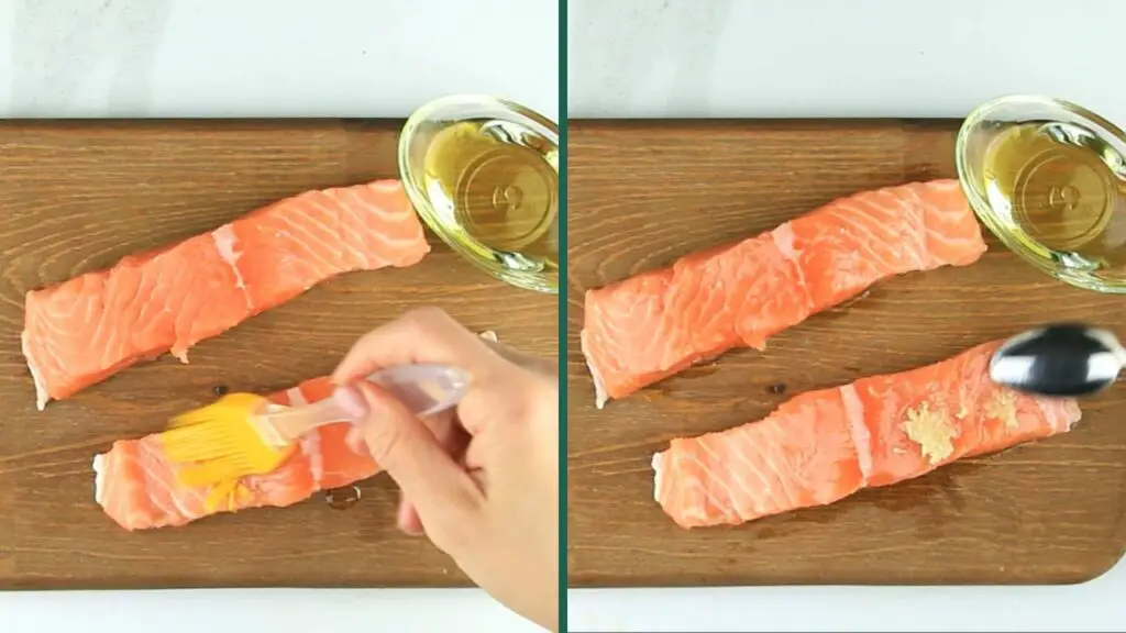 preparing salmon fillets before cooking 