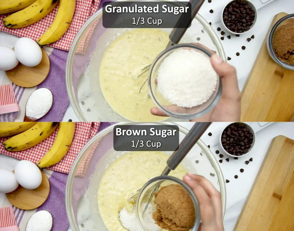 adding white sugar and brown sugar to banana bread batter