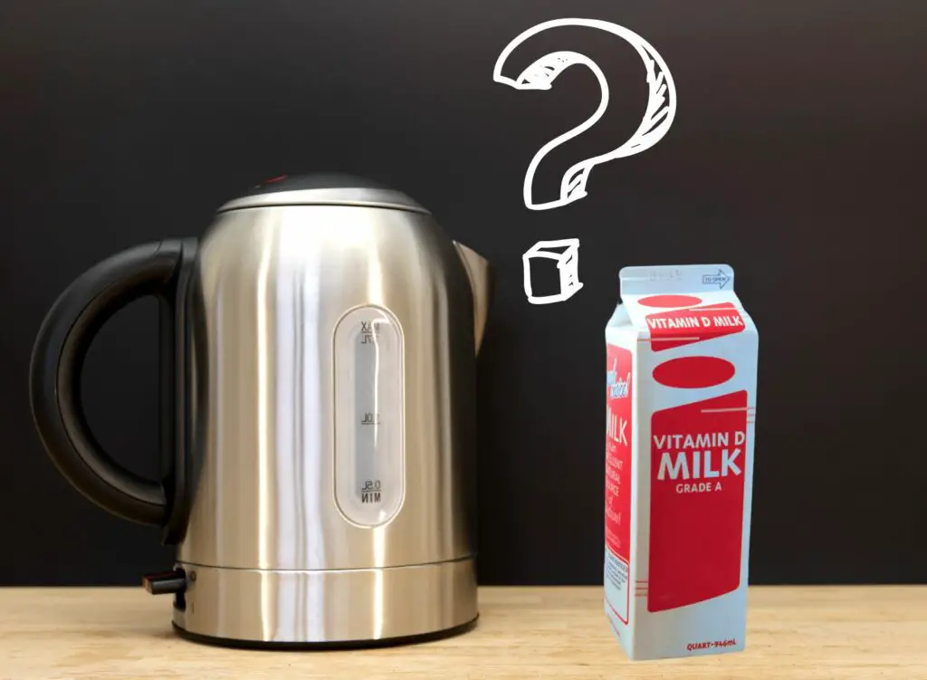 electric kettle and carton of milk on a kitchen table 