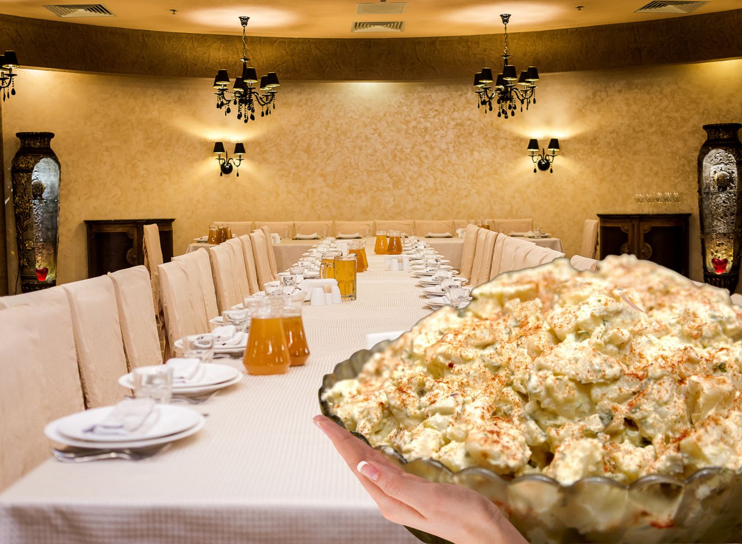 a large bowl of potato salad for 30 people