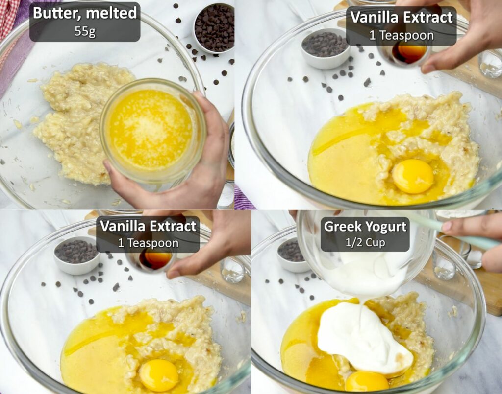 mixing bananas, butter, vanilla extract, and Greek yogurt