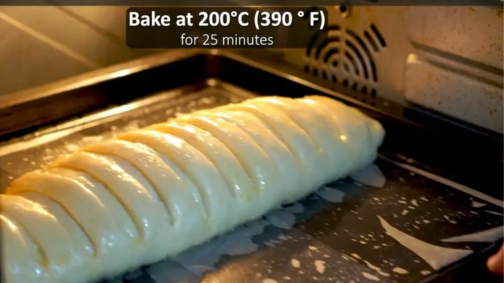 baking the bread in a preheated oven