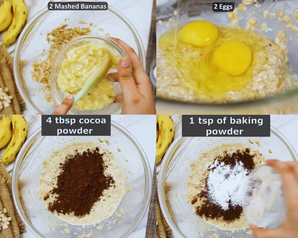 mixing in bananas eggs cocoa powder and baking powder