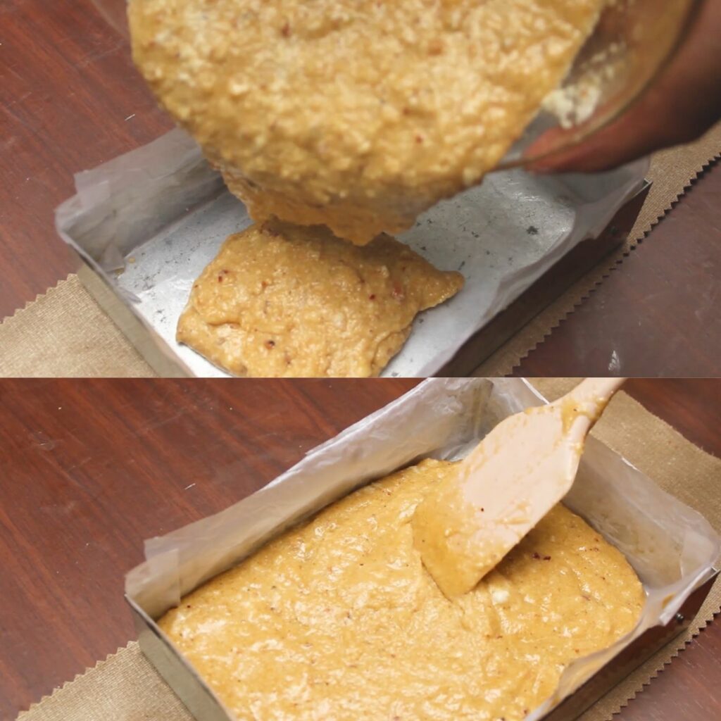 pouring the cake batter into a parchment paper-covered cake pan and smoothing out the top