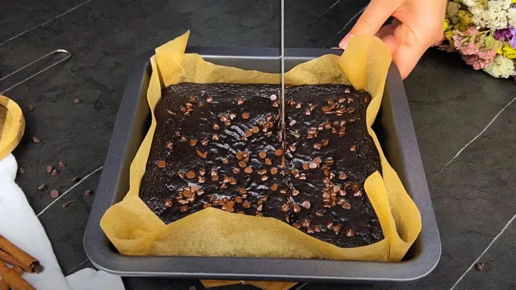 freshly baked sweet potato brownies in a pan