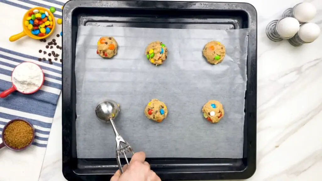 m&m cookie on the baking tray