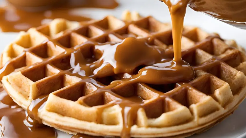 pouring caramel sauce into waffles