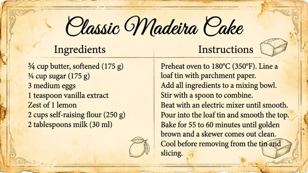 Ingredients for a simple moist Madeira cake recipe