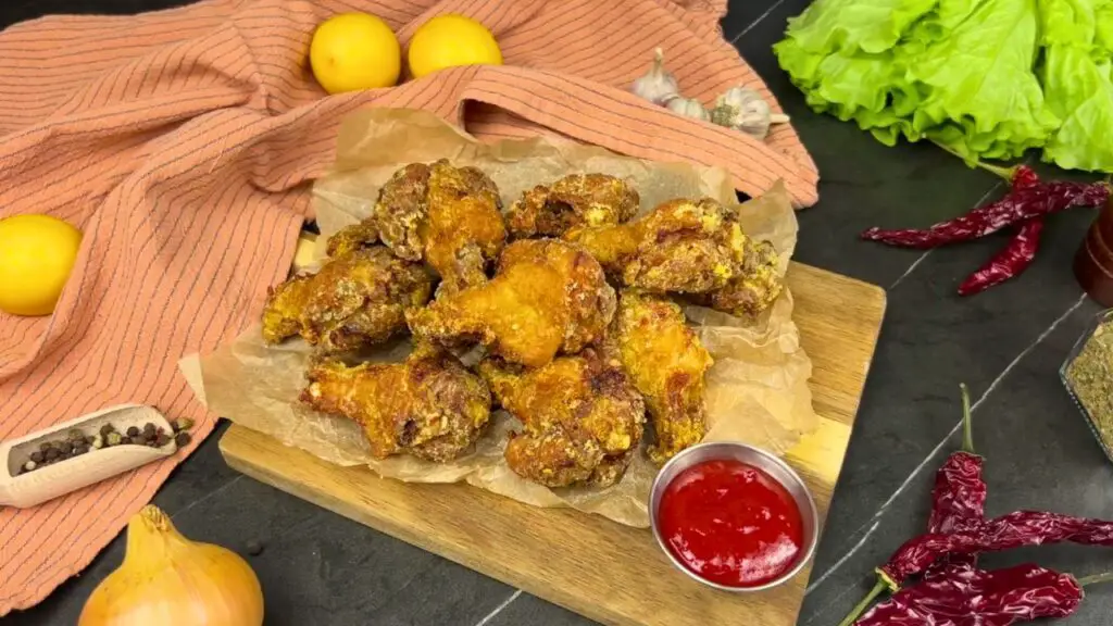 A pile of golden-brown chicken wings on parchment paper atop a wooden board, served with red dipping sauce and fresh ingredients, showing air fryer chicken wings extra crispy.