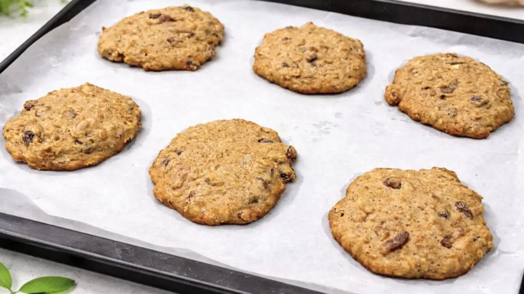  chewy banana oatmeal cookies on the cookie sheet 