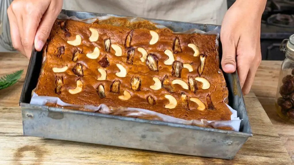 baking the date cake in the pan