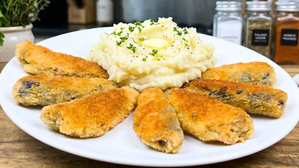 serving fried sardines with mashed potato