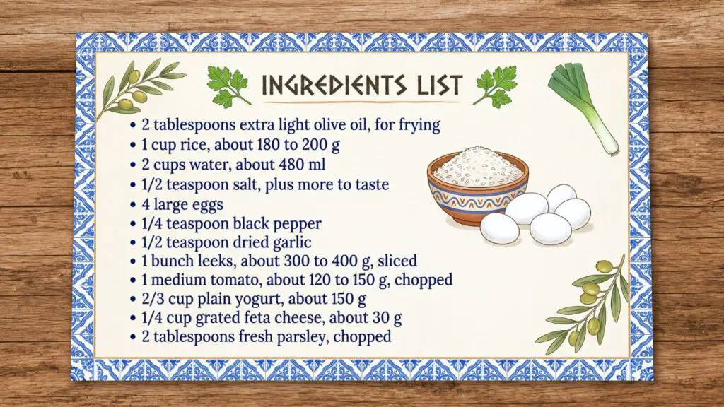 Ingredients for this simple Mediterranean egg and rice recipe