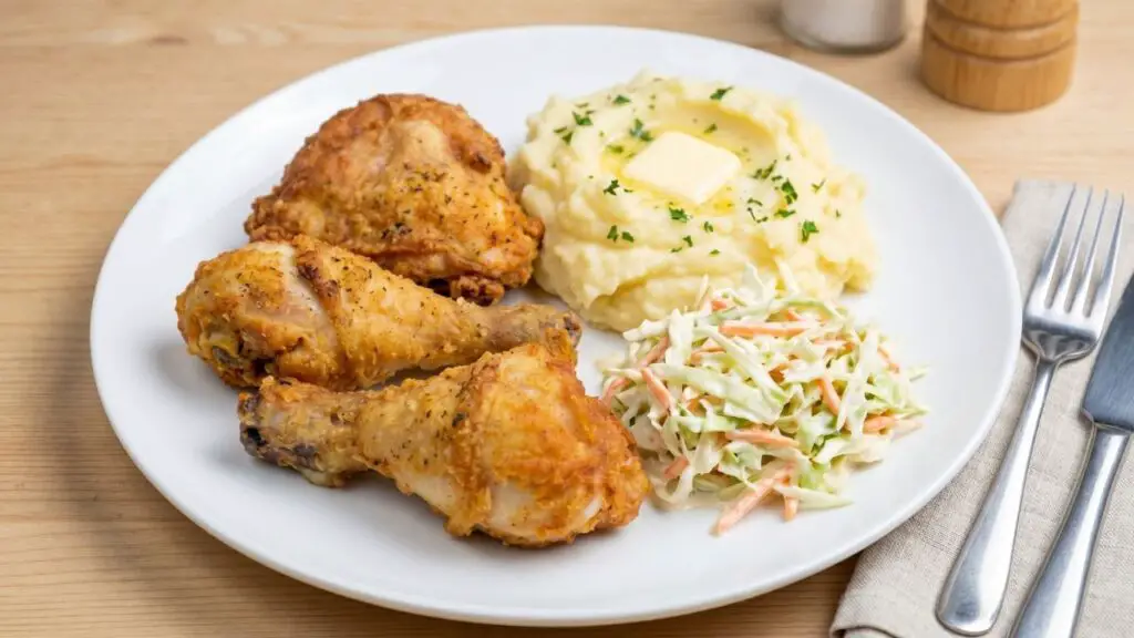 fried chicken with mashed potato and coleslaw