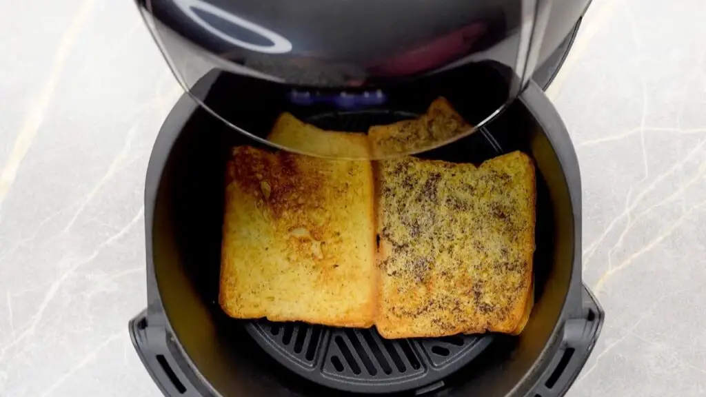 Golden air fryer French toast cooked until crisp on the outside.