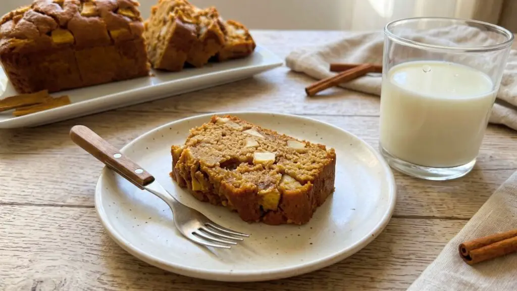 slice of apple cake served with a glass of milk